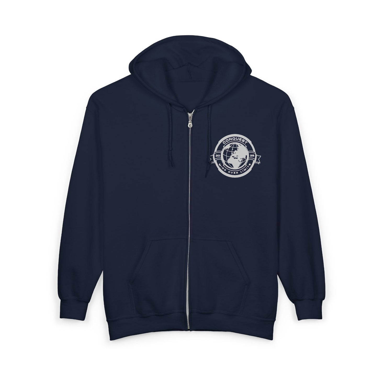 Conquer the World Full Zip Hoodie — Globe Emblem Adventure Sweatshirt