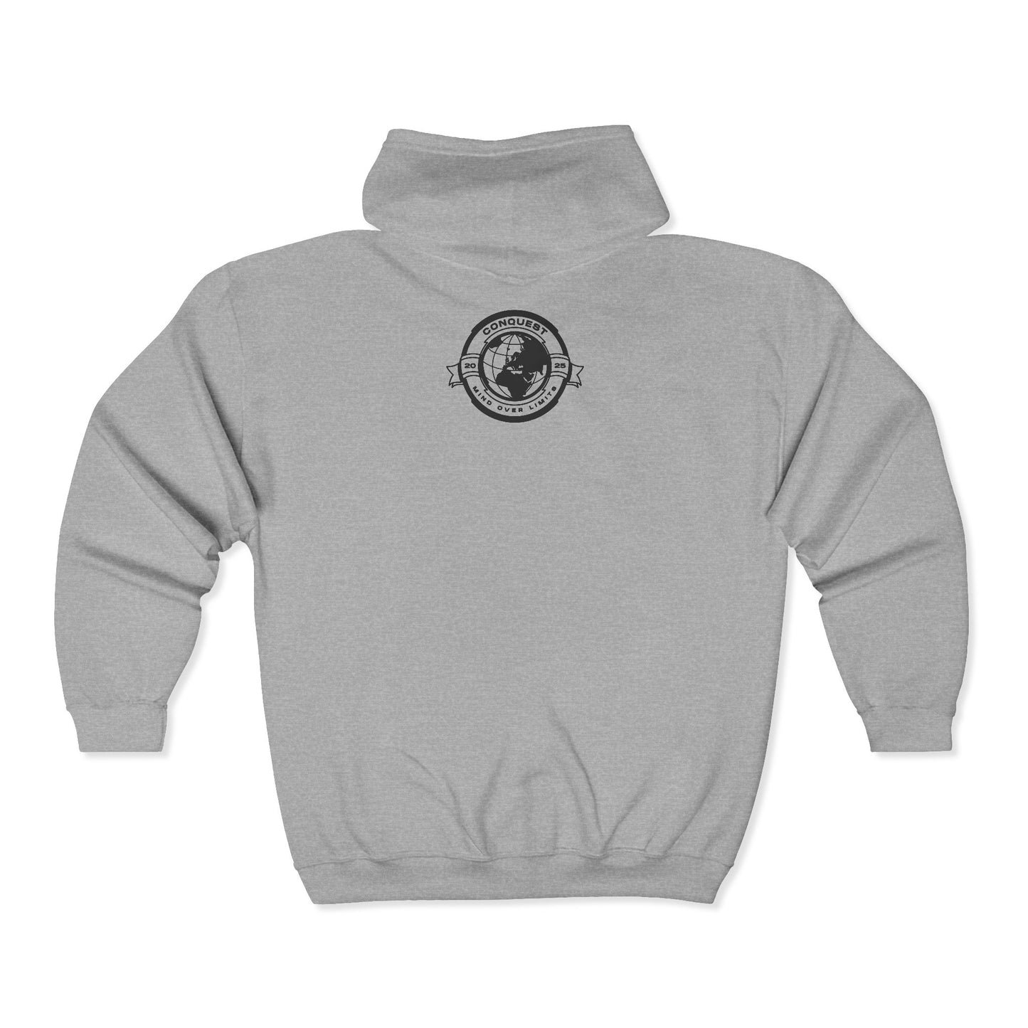 Conquer the World Full Zip Hoodie — Globe Emblem Adventure Sweatshirt