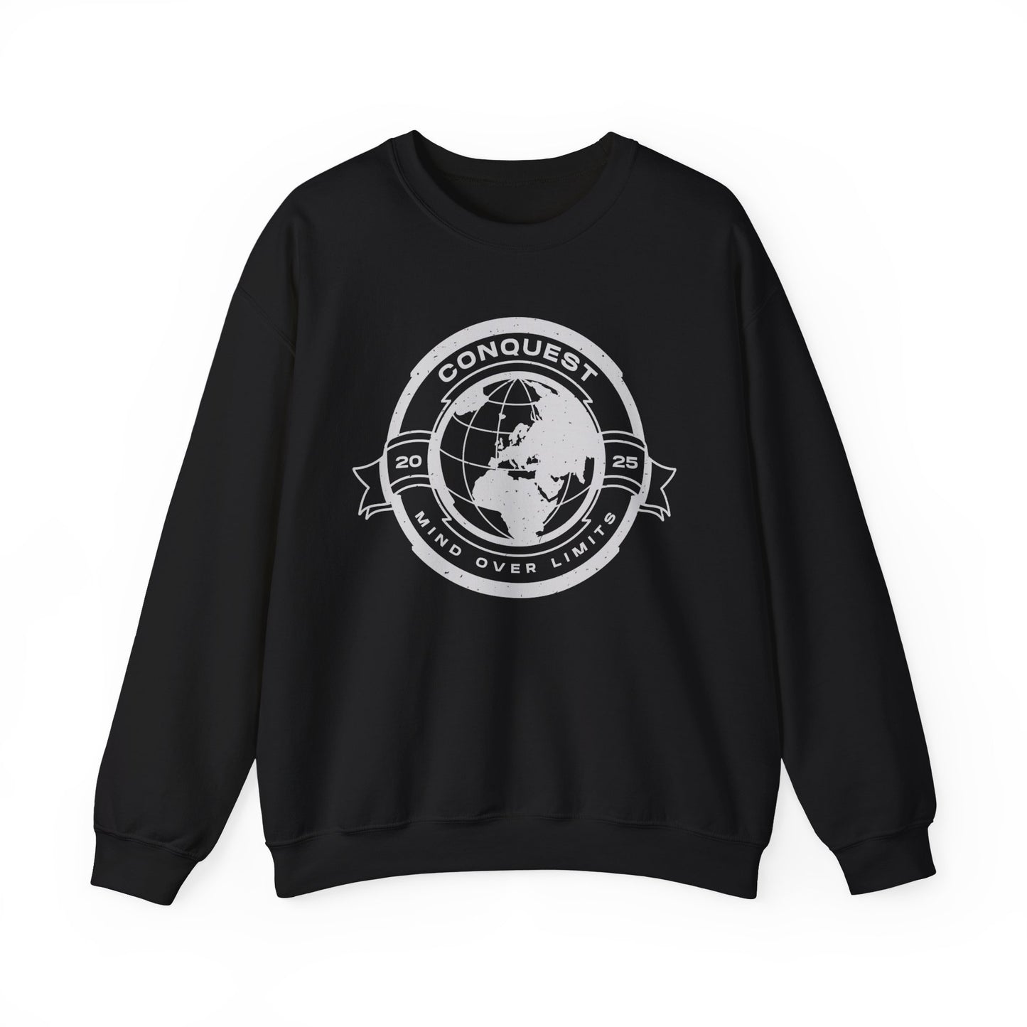 Conquest Globe Crewneck Sweatshirt — 'Conquest: Mind Over Limits' Vintage Earth Logo