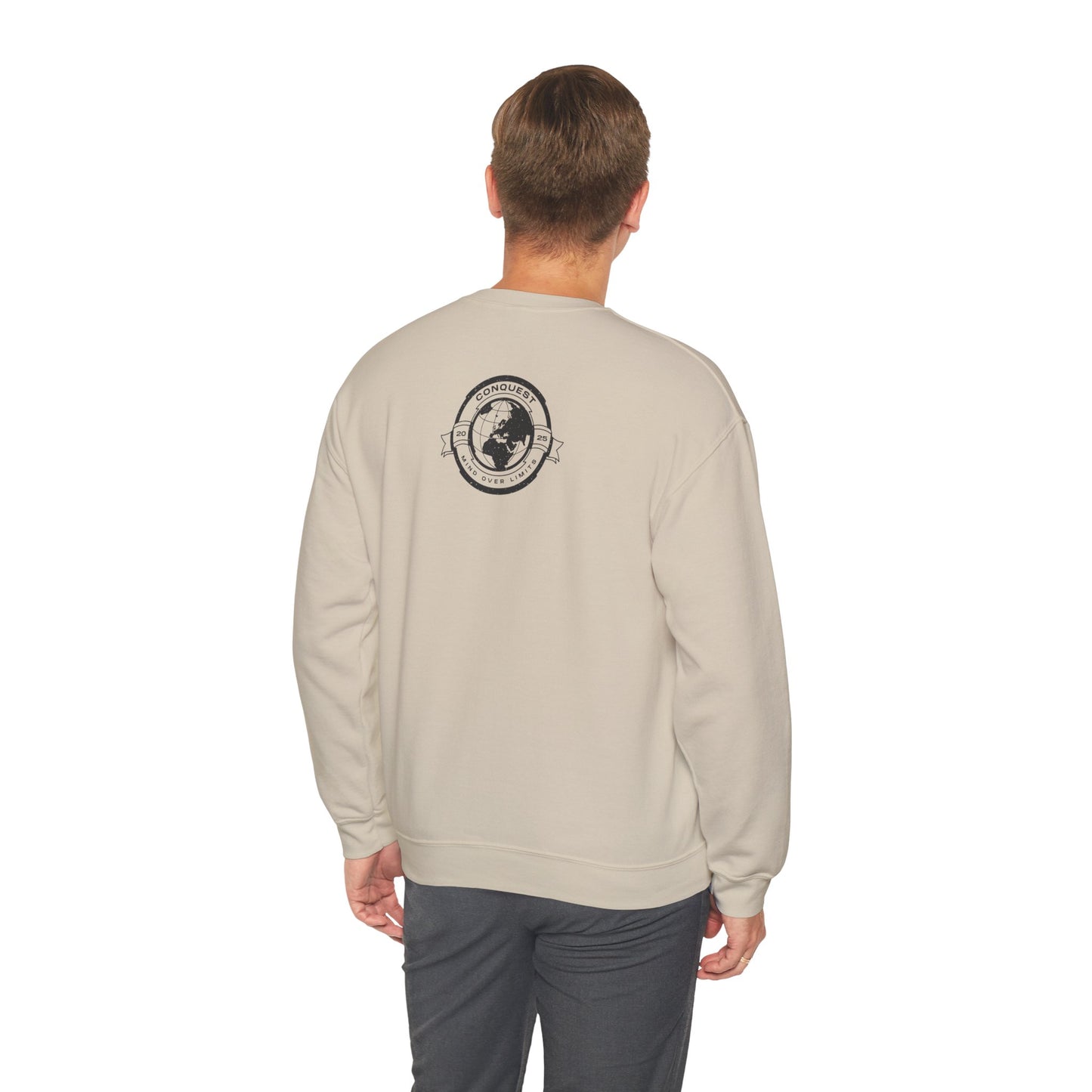 Conquest Globe Crewneck Sweatshirt — 'Conquest: Mind Over Limits' Vintage Earth Logo