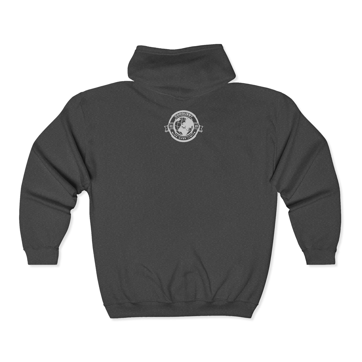 Conquer the World Full Zip Hoodie — Globe Emblem Adventure Sweatshirt