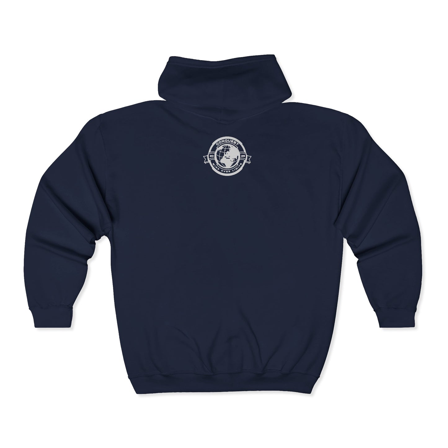 Conquer the World Full Zip Hoodie — Globe Emblem Adventure Sweatshirt