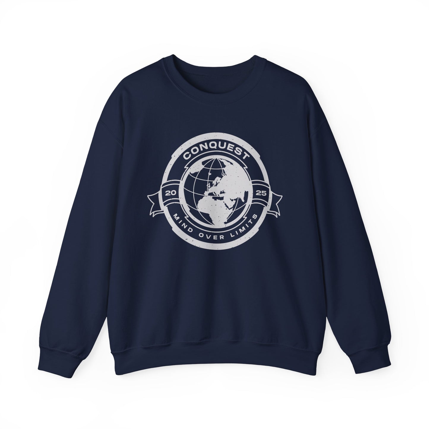 Conquest Globe Crewneck Sweatshirt — 'Conquest: Mind Over Limits' Vintage Earth Logo