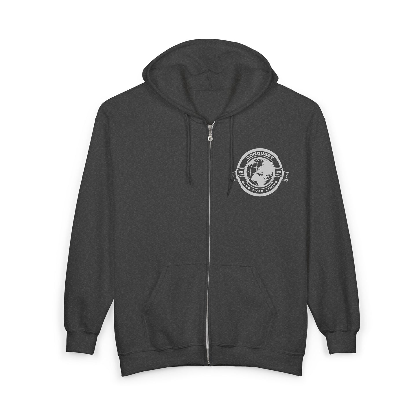 Conquer the World Full Zip Hoodie — Globe Emblem Adventure Sweatshirt