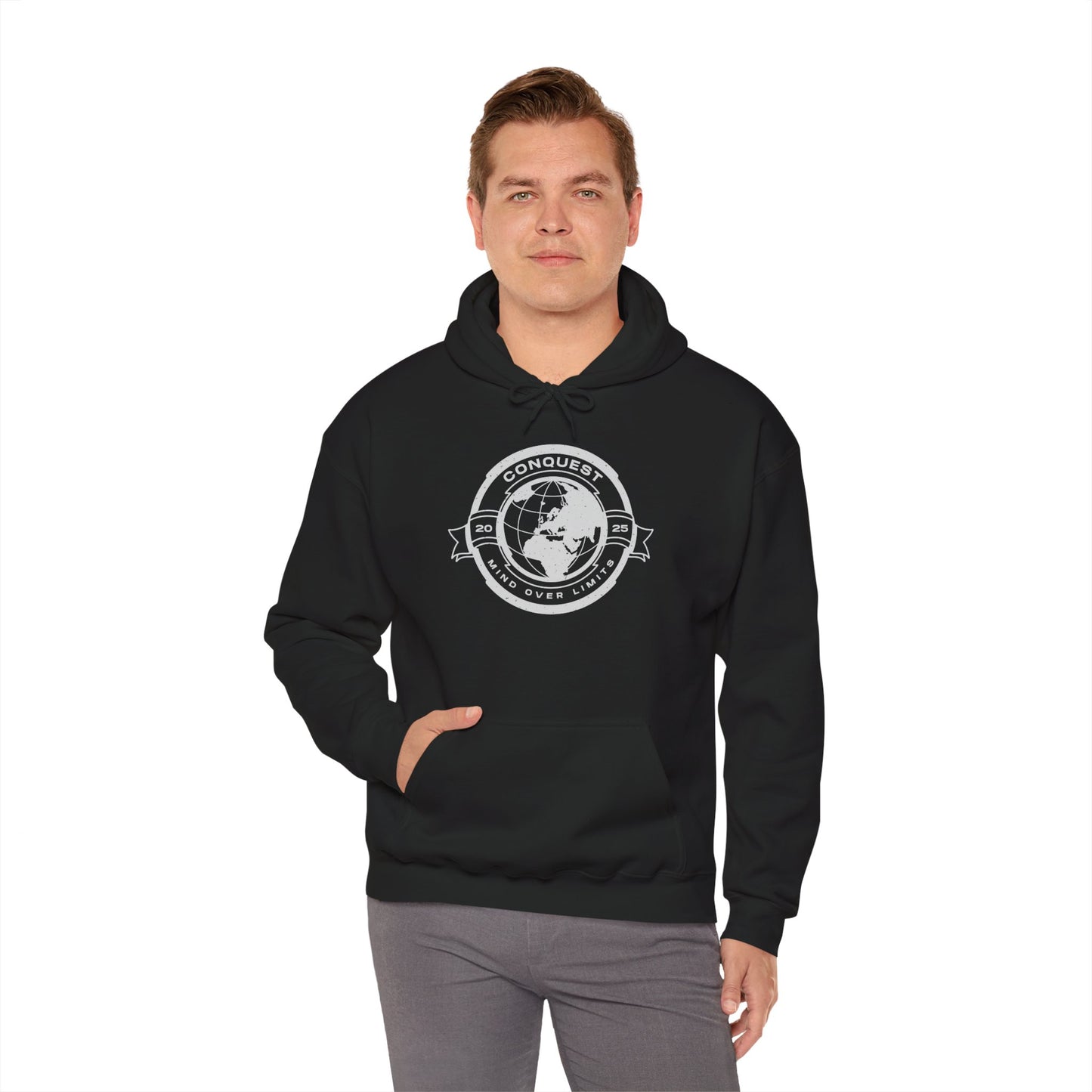 Conquer the World Hoodie — Globe Emblem Adventure Sweatshirt