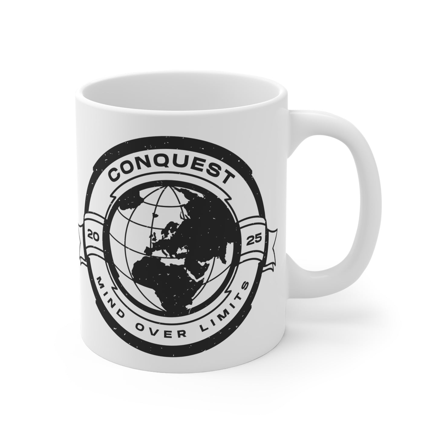 Conquest Globe Ceramic Mug — "Mind Over Limits" Travel & Adventure Coffee Cup