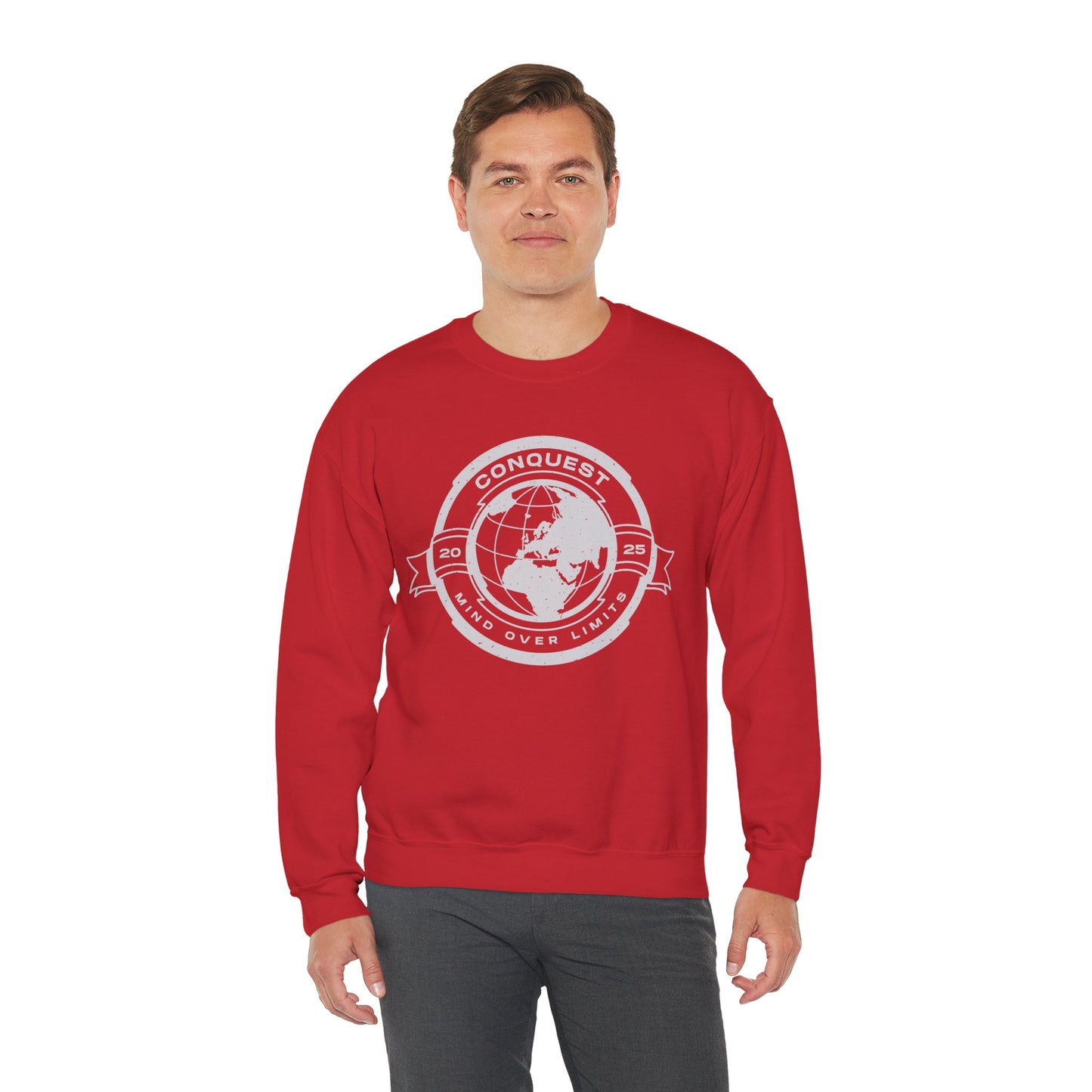 Conquest Globe Crewneck Sweatshirt — 'Conquest: Mind Over Limits' Vintage Earth Logo