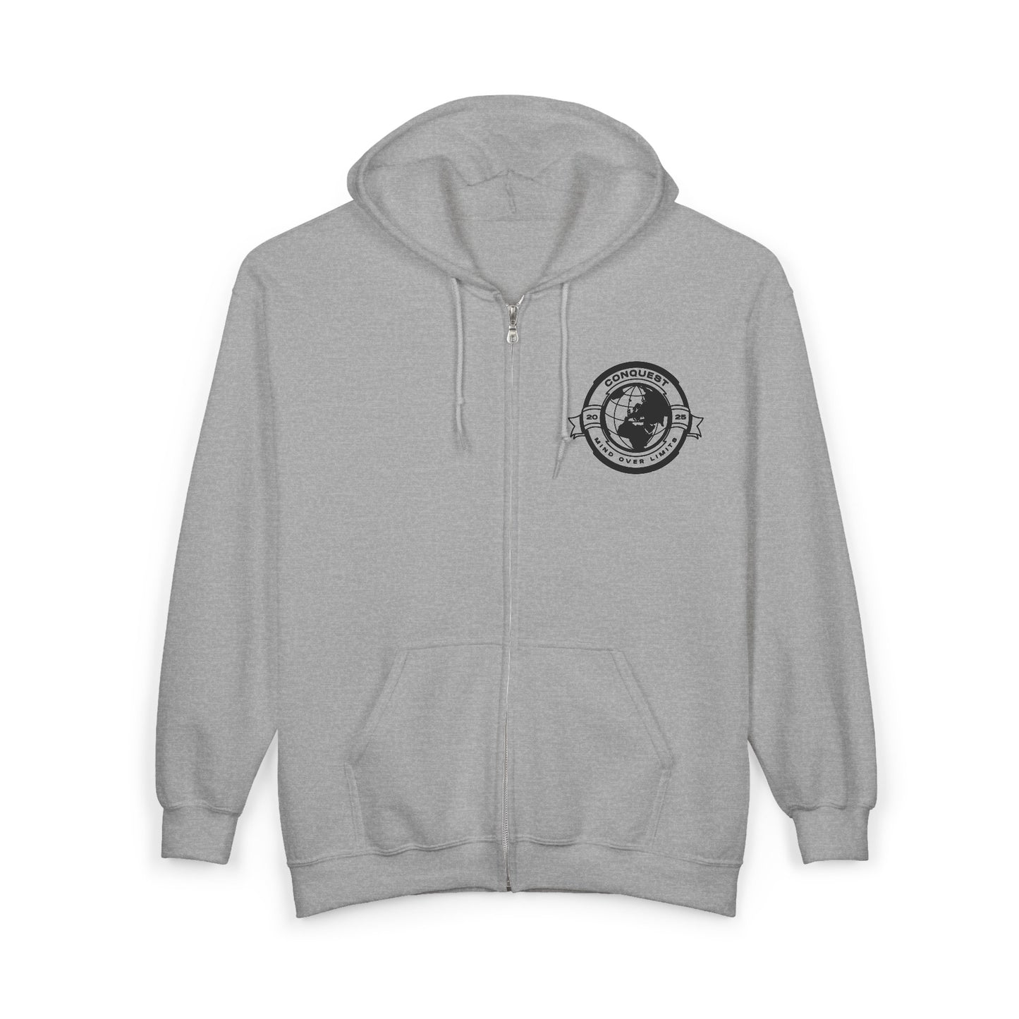 Conquer the World Full Zip Hoodie — Globe Emblem Adventure Sweatshirt