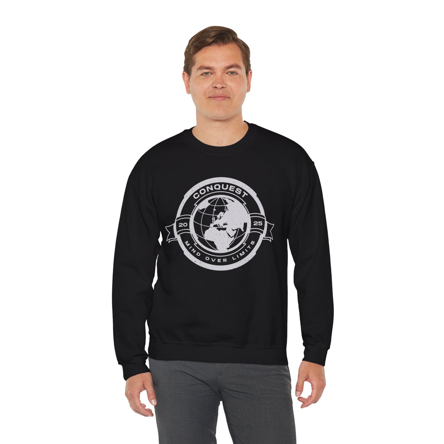 Conquest Globe Crewneck Sweatshirt — 'Conquest: Mind Over Limits' Vintage Earth Logo