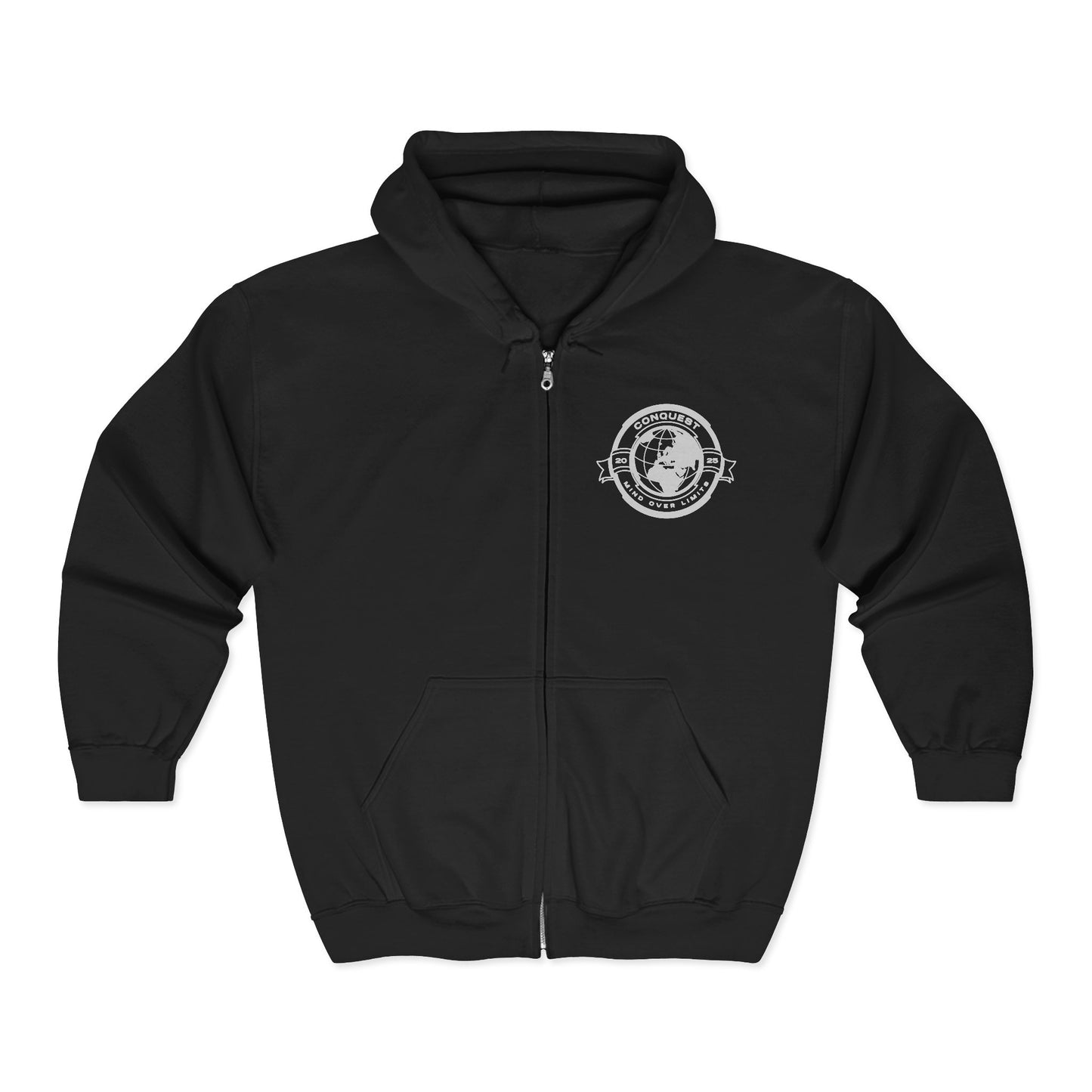 Conquer the World Full Zip Hoodie — Globe Emblem Adventure Sweatshirt
