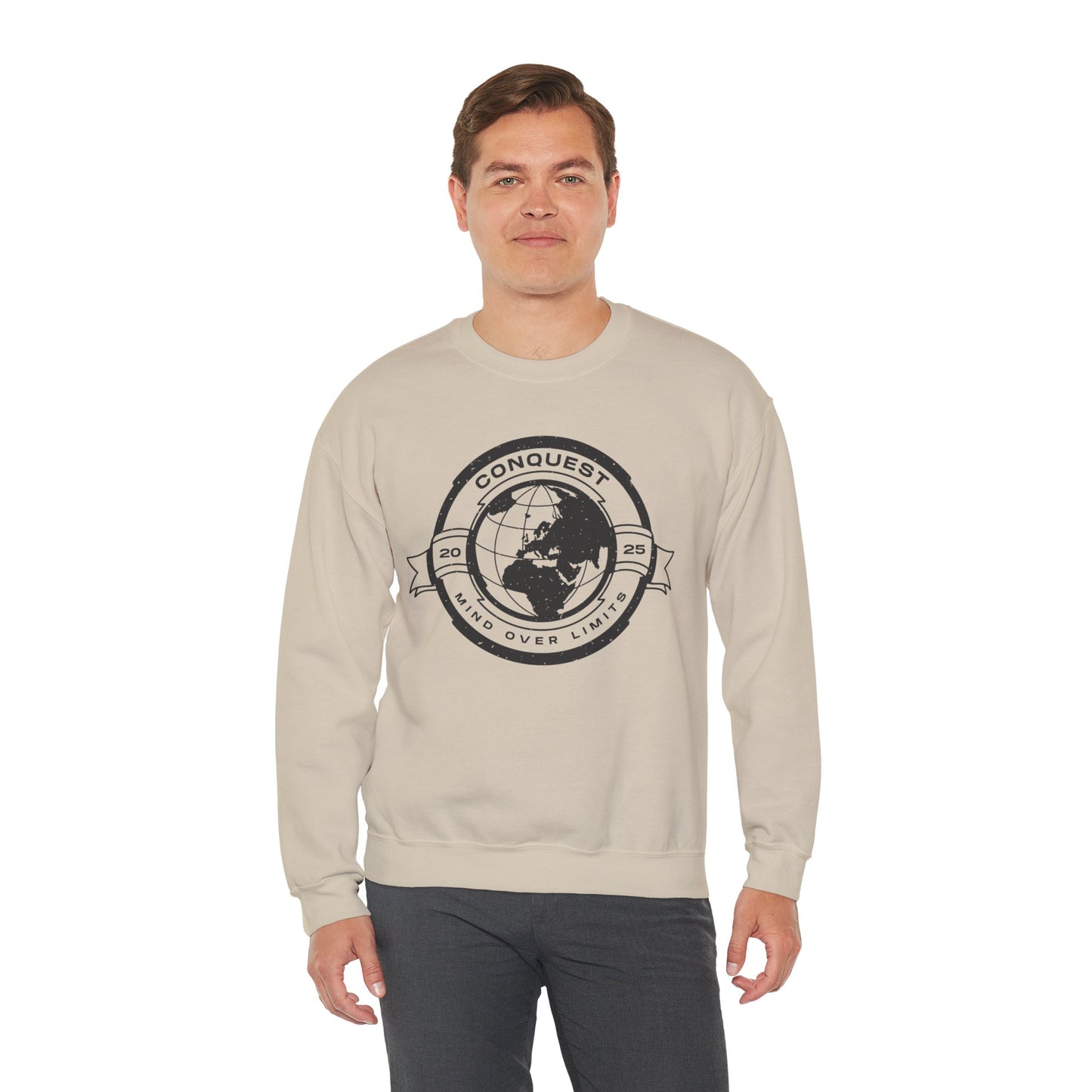 Conquest Globe Crewneck Sweatshirt — 'Conquest: Mind Over Limits' Vintage Earth Logo