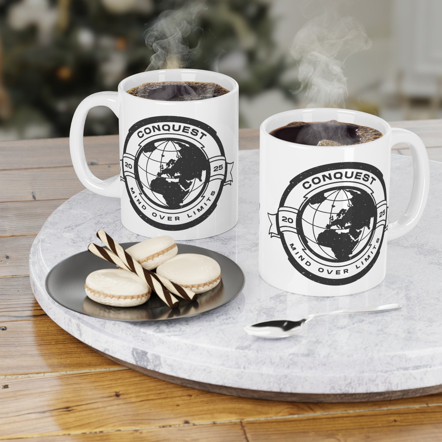 Conquest Globe Ceramic Mug — "Mind Over Limits" Travel & Adventure Coffee Cup