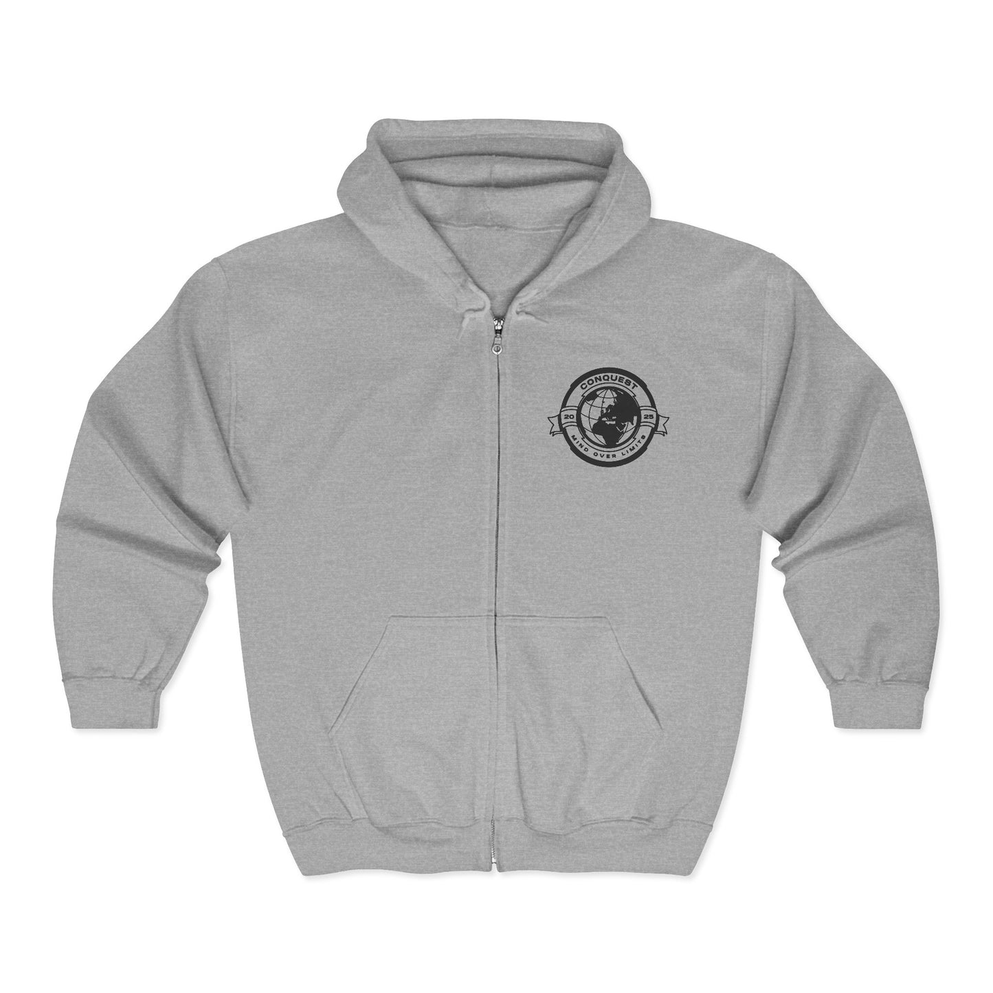 Conquer the World Full Zip Hoodie — Globe Emblem Adventure Sweatshirt