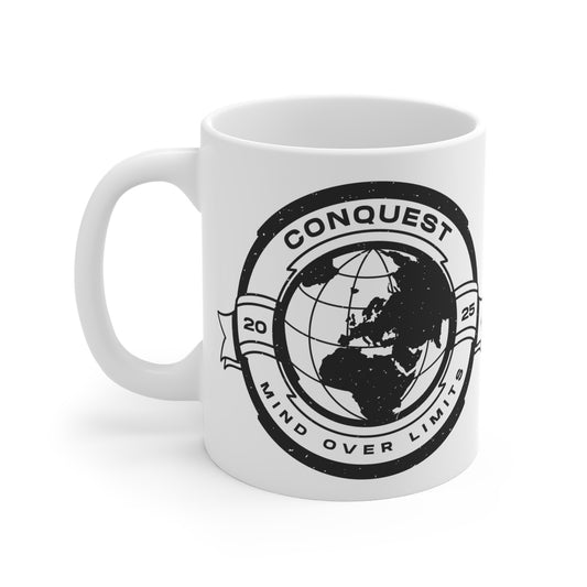 Conquest Globe Ceramic Mug — "Mind Over Limits" Travel & Adventure Coffee Cup
