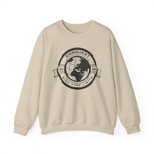 Conquest Globe Crewneck Sweatshirt — 'Conquest: Mind Over Limits' Vintage Earth Logo
